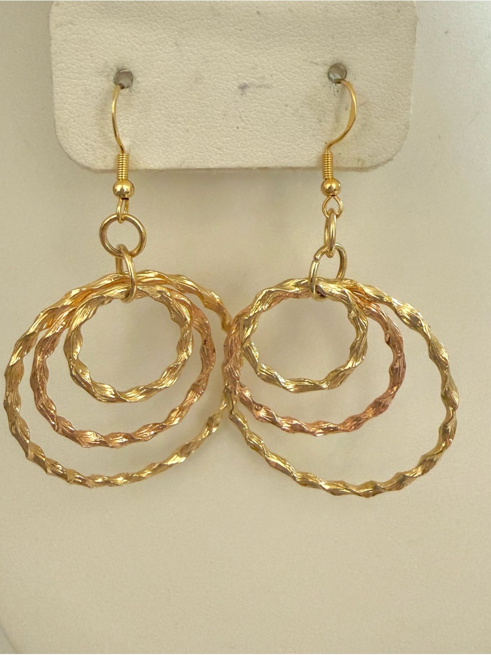 S925 Gold Plated Sterling Silver Triple Circle Dangle Earrings Textured Two Tone